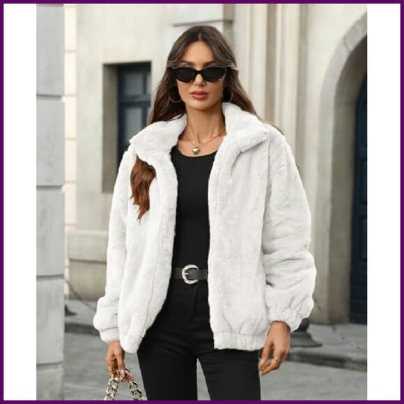 Faux Fur Lapel Zip Up Cropped Jacket Winter Coat Warm Fleece - Picture 3 of 7